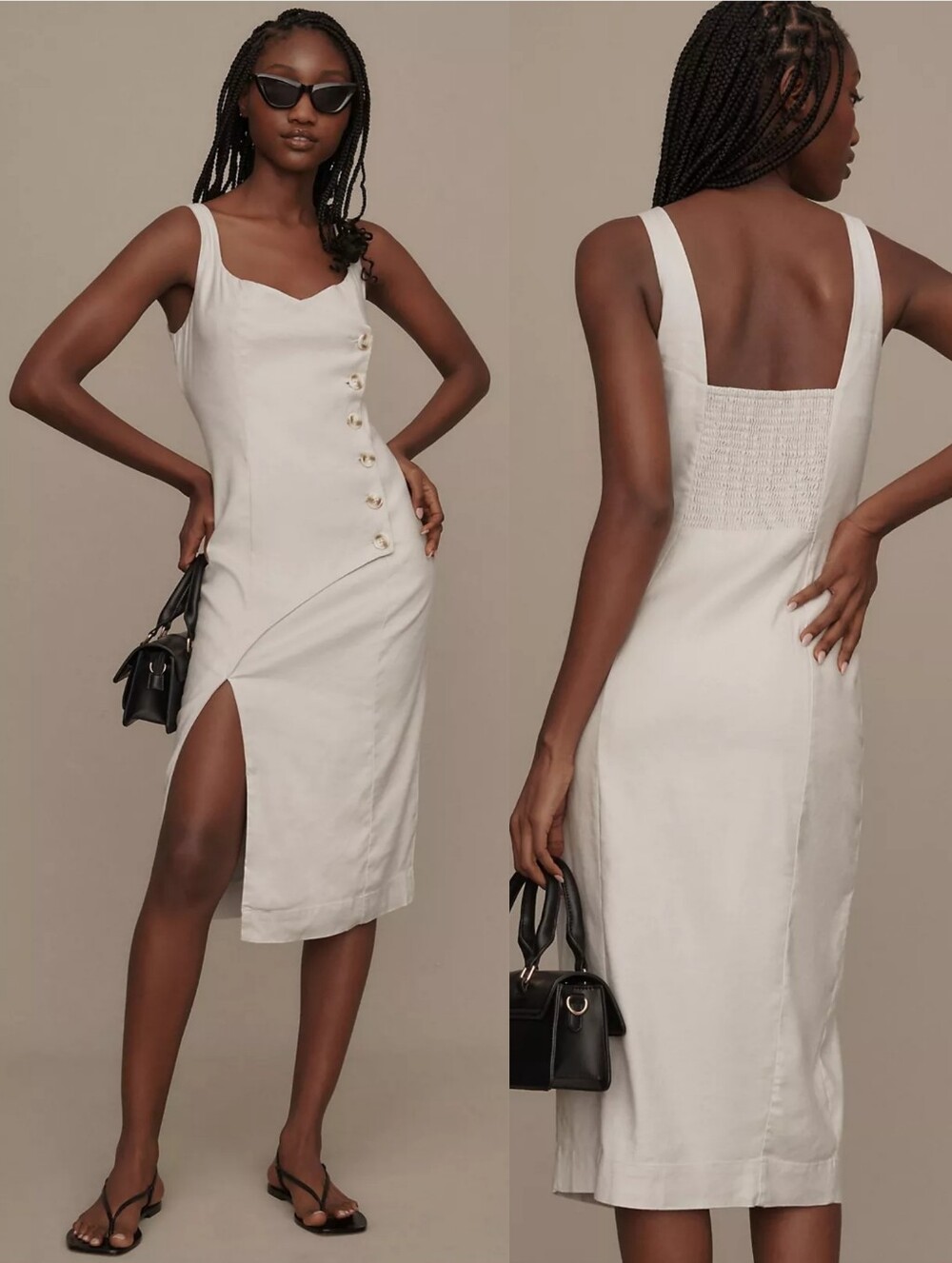 Anthropologie Sleeveless Square-Neck Linen Button Wrap Midi Dress Size XL White